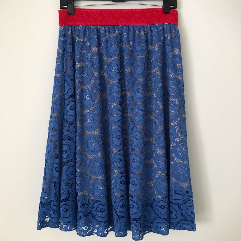 Like New! LuLaRoe Blue Lace Midi Skirt | Size M | Red Elastic Waistband